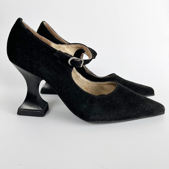 John Fluevog Suede Leather Pointed Square Toe Chunky Curve Heel Mary Jane Witchy - Picture 2 of 8